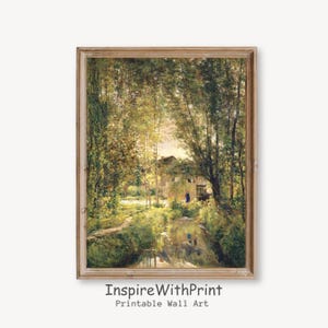 Vintage Country Landscape Oil Painting, Green Landscape Print, Cottage Core Art Printable, Farmhouse Wall Decor, Calming Nature Art Print