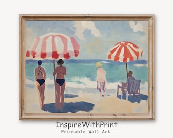 Retro Summer Beach Oil Painting Coastal Seascape Wall Art, Retro Coastal Art Printable Vintage Beach Umbrella Print, Pastel Summer Art Print