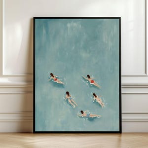 Swimming in the Beach Summer Print, Tiny People Swimming Print, Modern Summer Poster Beach House Blue Wall Decor Minimalist Summer Wall Art