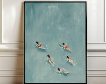 Swimming in the Beach Summer Print, Tiny People Swimming Print, Modern Summer Poster Beach House Blue Wall Decor Minimalist Summer Wall Art