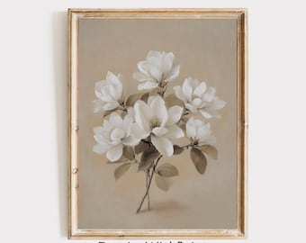Pintura al óleo de flor de magnolia blanca vintage, arte de pared neutro suave, impresión de magnolia imprimible, arte de granja con núcleo de cabaña, impresión de flores melancólicas