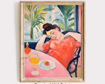 朝食を食べる女性の絵画、デジタルダウンロード マティスにインスパイアされたアート、マティスの女性の肖像画プリント、美的パステル ウォール アート デコレーション
