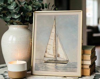 Vintage Sailboat Wall Art, Antique Nautical Print, Coastal Boat Painting, Neutral Beach House Coastal Decor Artwork