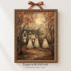 Three Ghosts Cottage Wall Art, Haunted Halloween House Print, Whimsical Autumn Cottagecore Decor, Spooky Vintage Storybook Illustration