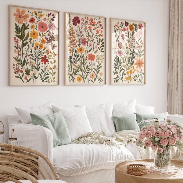 Bunter Wildblumen Print 3er Set, Boho Blumen botanische Wandkunst zum Ausdrucken, Blumenkinderzimmer Wandkunst, Wildblumen Kinderzimmer Botanische Galerie
