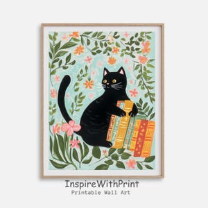 Schwarze Katze mit Bücherstapel Print, Geschenk für Katzenmama, Blumen und schwarze Katzenkunst, lustige Katzenprints, Henri Matisse Cat Printable, Bücherwurm
