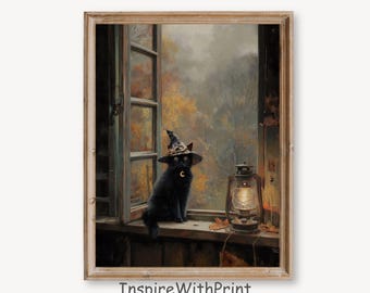 Vintage Fall Witch Cat Print, Gothic Halloween Wall Art, Moody Autumn Printable Art, Dark Academia Cottagecore Art, Fall Black Cat Wall Art