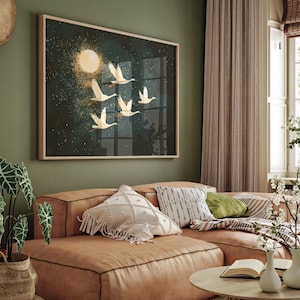 Flying Cranes Wall Art, Japandi Art Printable Flock of Birds Painting, Japanese Crane Print, Emerald Green Wall Art, Birds and Moon Print