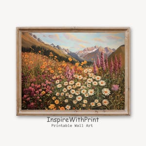 Mountain Wildflower Landscape Art Printable Spring Summer Wall Decor, Colorful Flower Meadow Field Painting Boho Mountain Landscape Wall Art