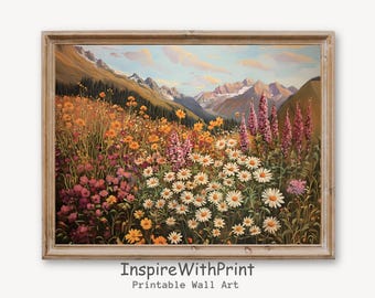 Mountain Wildflower Landscape Art Printable Spring Summer Wall Decor, Colorful Flower Meadow Field Painting Boho Mountain Landscape Wall Art