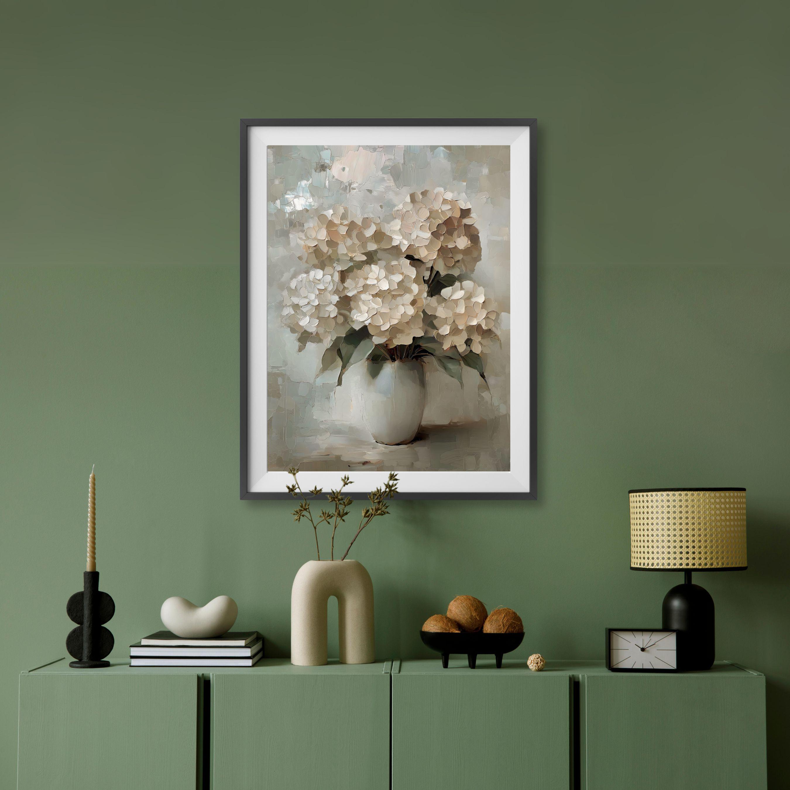 Vintage White Hydrangea Print, Moody Flower Vase Painting, Cottage Core ...