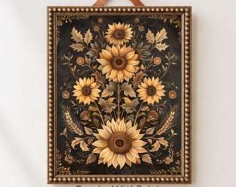 Vintage zonnebloem botanische wanddecoratie, herfstbloemenprint, Engelse cottage-decoratie geïnspireerd op William Morris.