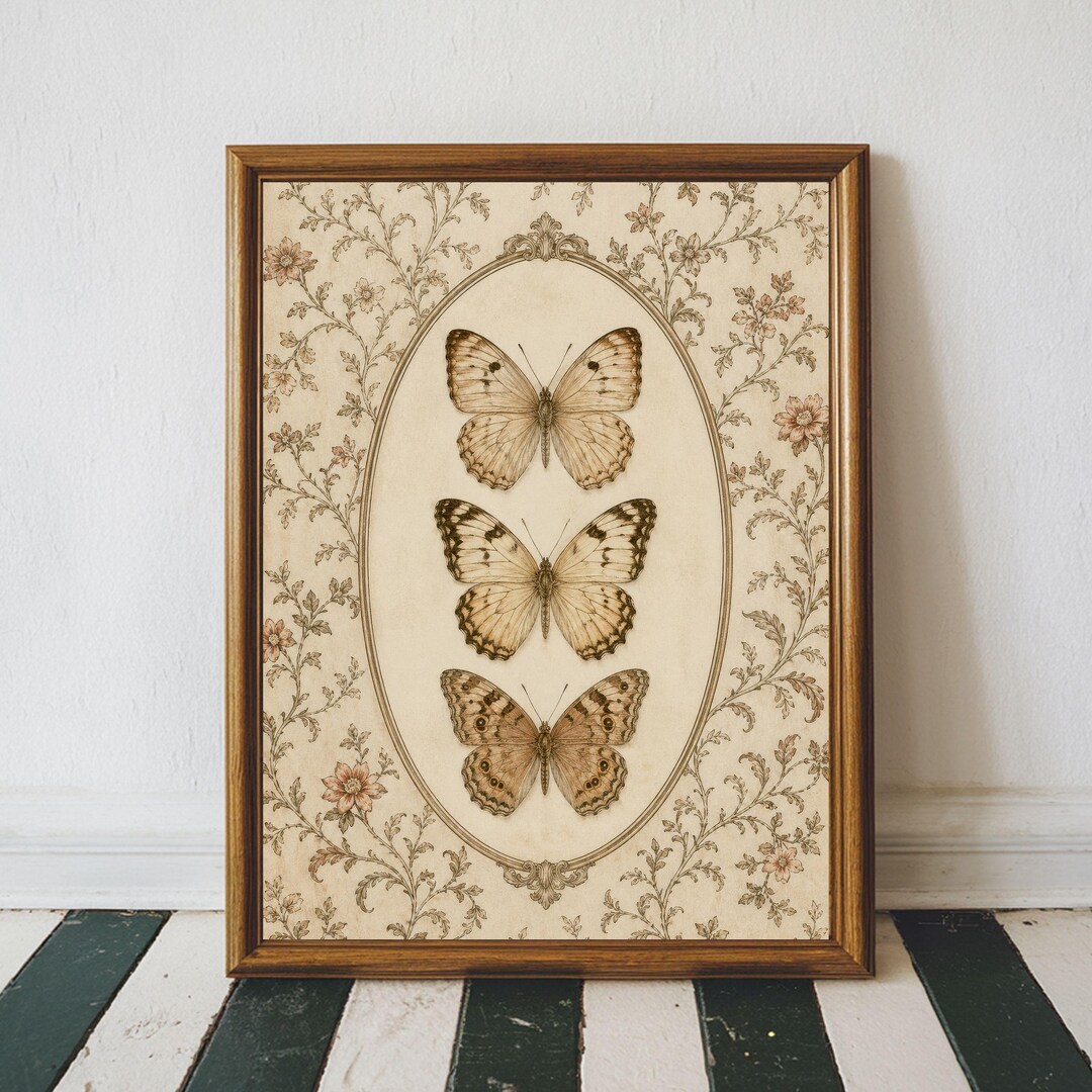 Vintage Butterfly Wall Art Set, Neutral Cottagecore Botanical Decor ...