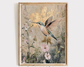 Vintage Hummingbird Print, Moody Bird Print, Bird Lover Gift, Vintage Bird Wall Art Printable Aesthetic Nature Print, Neutral Wall Art Decor