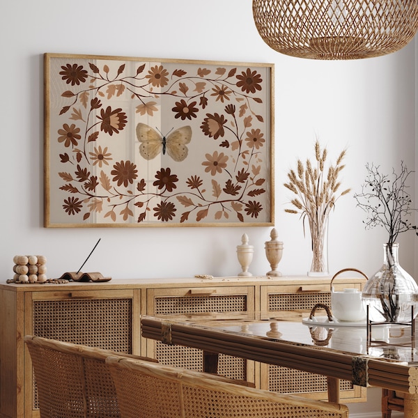 Boho Flower and Butterfly Print, Brown Neutral Floral Print, Rustic Wildflower Art, Boho Floral Butterfly Wall Decor, Neutral Nature Print