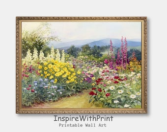 Watercolor Flower Garden Painting, Cottage Spring Flower Landscape Art Printable  Colorful Floral Watercolor Art Summer Farmhouse Wall Decor