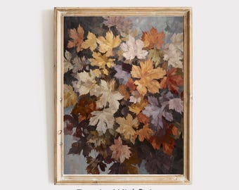 Vintage Fall Leaves Print, Maple Leaf Art Printable Fall Foliage Wall Art, Dark Botanical Rustic Autumn Cottagecore Art Fall Farmhouse Print