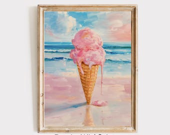 ピンクのアイスクリームビーチの絵画、海岸の夏の壁アートプリント、パステル調の海の装飾、子供部屋やバスルーム向けの気まぐれな海辺のイラスト