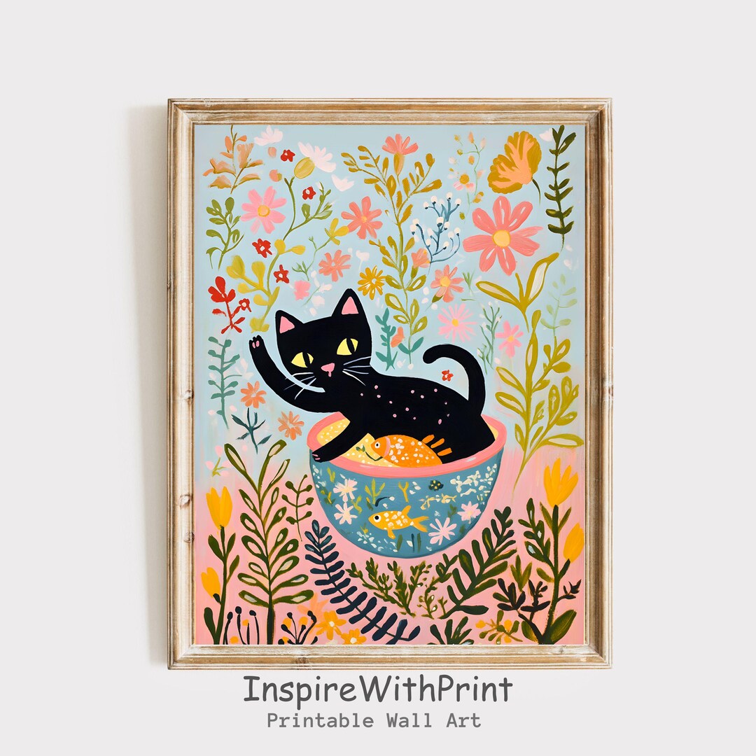 Funny Black Cat Swim in the Fish Bowl Print, Matisse Black Cat Wall Art ...