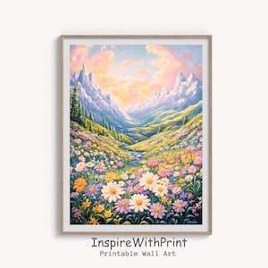 Boho Mountain Wildflower Landscape Print, Mountain Sunset Landscape Printable, Pastel Wildflower Field Art, Colorful Flower Meadow Painting