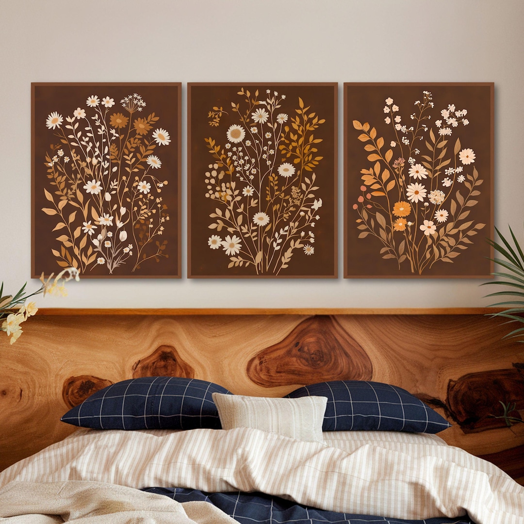 Rustic Wildflowers Wall Art Set of 3, Vintage Floral Wall Decor, Flower ...