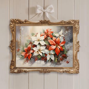 Christmas Flower Wall Art, Digital Download, Rustic Christmas Decor, Poinsettia Printable, Vintage Christmas Wall Art, Botanical Winter Art