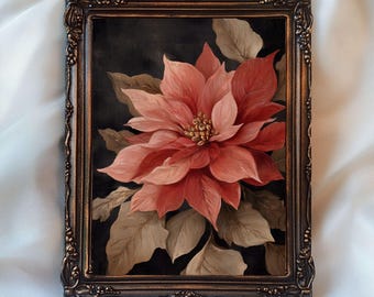 赤いポインセチアのクリスマス絵画、印刷可能な壁アート、暗い冬の花の