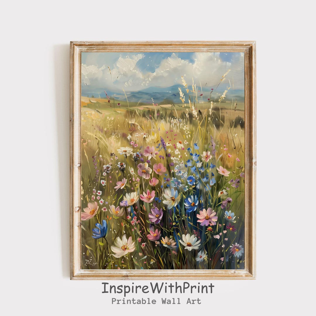 ヴィンテージの野の花畑の油絵、パステルカラーの花の草原のアート