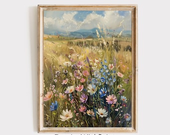 Vintage Wildflower Field Oil Painting, Pastel Flower Meadow Art Printable, Moody WildFlower Field Print, Rustic Country Field Landscape Art