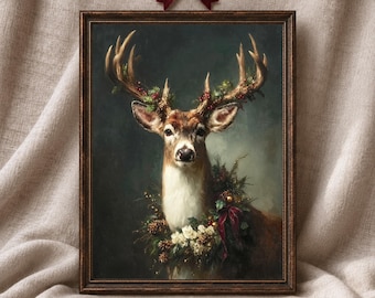 Christmas Deer Wall Art Printable, Vintage Reindeer Portrait, Rustic Woodland Holiday Decor