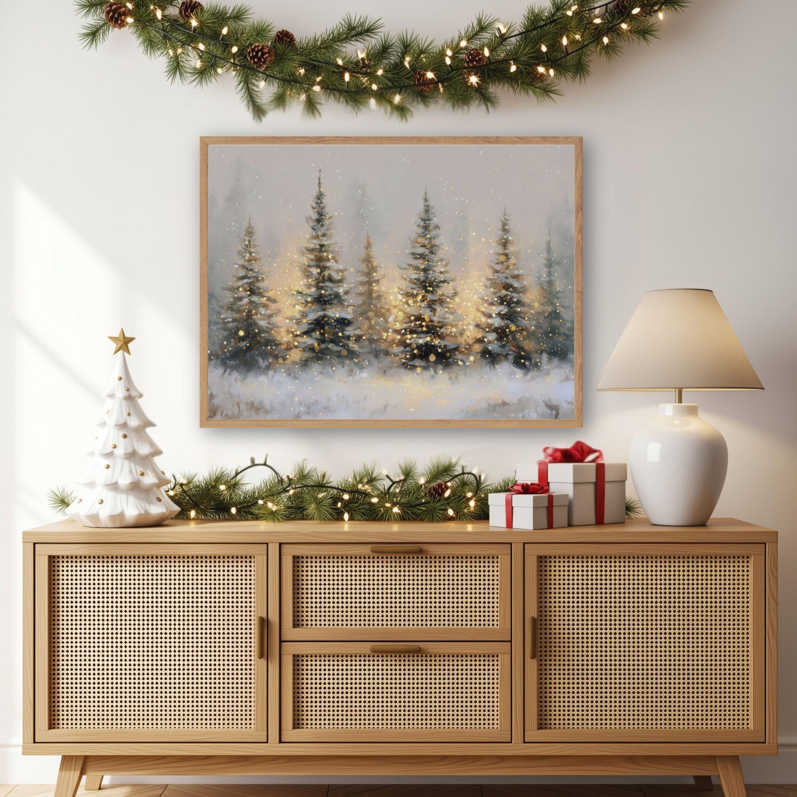 Winter Forest Wall Art, Snowy Pine Tree Christmas Painting, Festive ...