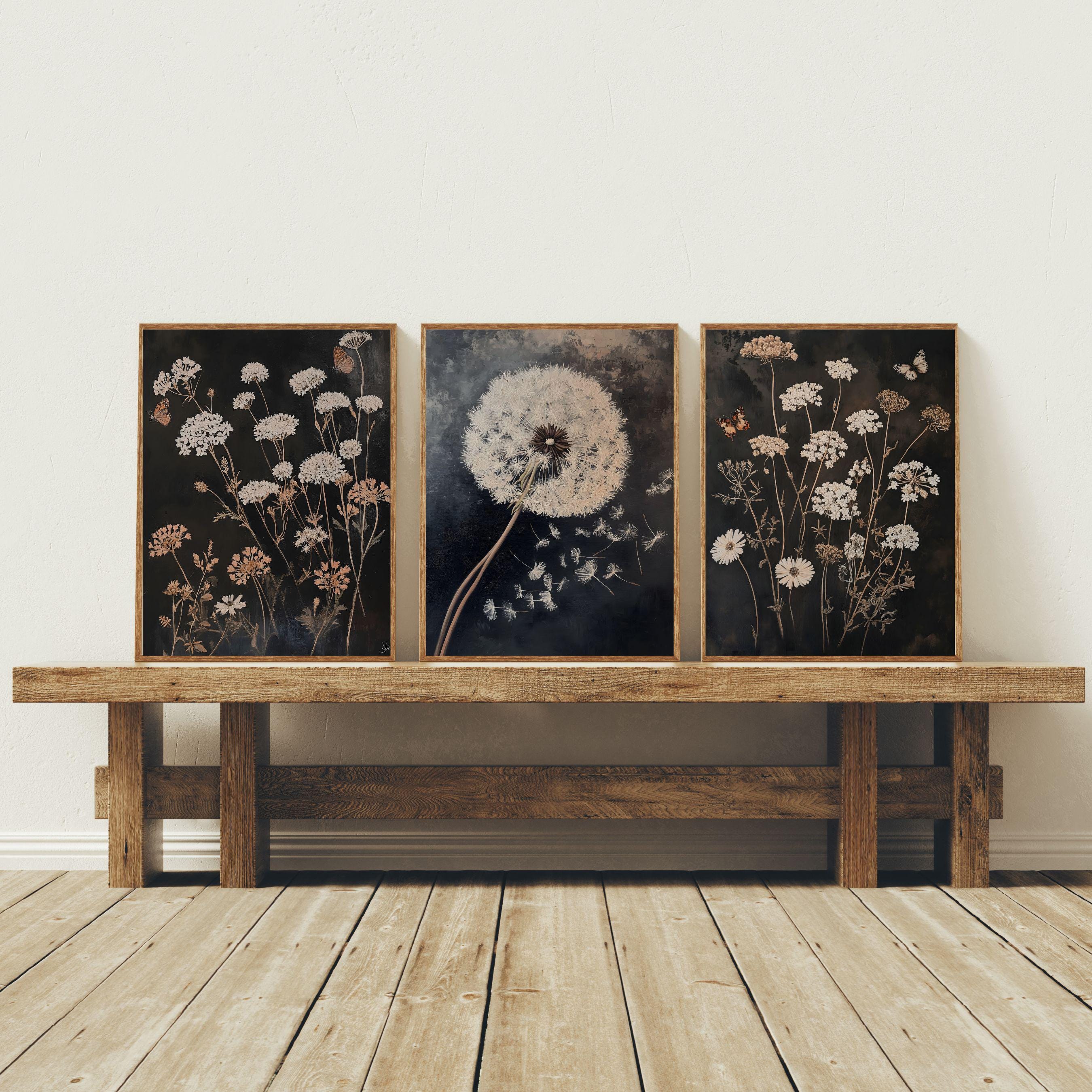 Moody Wildflowers Print Set of 3, Dandelion Print, Dark Floral Art ...