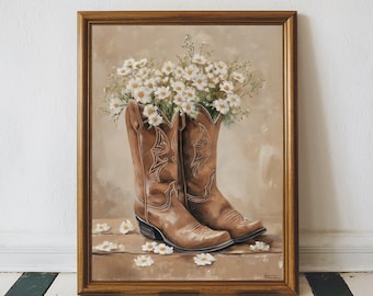 Coastal Cowgirl Print, Cowgirl Boot With Flower Printable Floral Western Wall Art, Dorm Room Print, Wildflowers Cottage Core Neutral Print