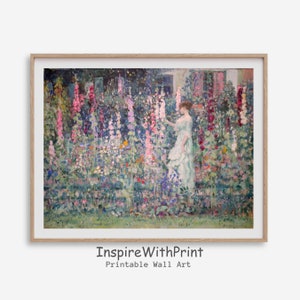 Woman in Flower Garden Painting, French Flower Garden Landscape Print, Country Farmhouse Cottage Core Art, Spring Pastel Floral Print