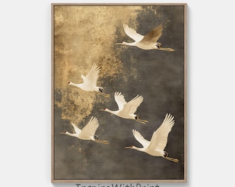 Flying Cranes Wall Art, Japandi Style Art Printable Flock of Birds