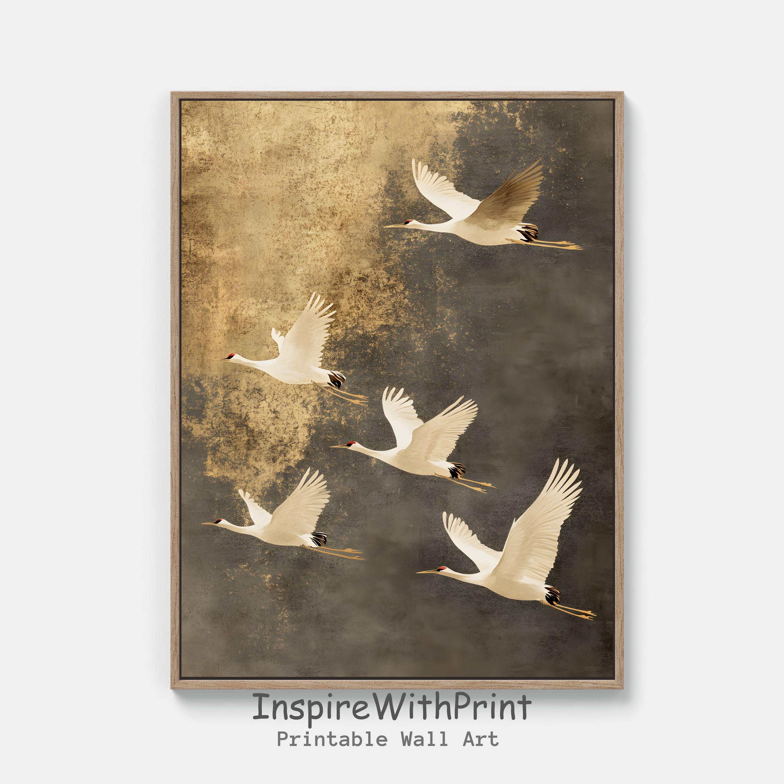Flying Cranes Wall Art, Japandi Style Art Printable Flock of Birds