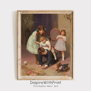 Kid Playing With Dog Print, Digital Download Toddler Room Decor, Victorian Kids Painting, Children and Animal Print, Playroom Wall Decor