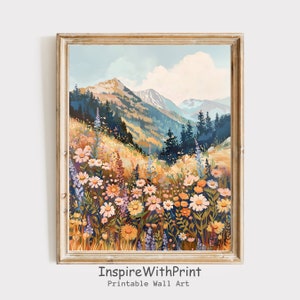 Mountain Wildflower Landscape Print, Colorful Flower Field Art Print, Printable Mountain Landscape Wall Art, Summer Colorful Flowers Print