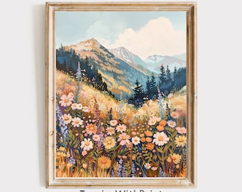 Mountain Wildflower Landscape Print, Colorful Flower Field Art Print, Printable Mountain Landscape Wall Art, Summer Colorful Flowers Print