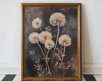 Dandelion Wall Art Printable Boho Dark Flower Print,  Rustic Floral Art, Dandelion Flower Print, Neutral Wall Art, Moody Wildflower Print