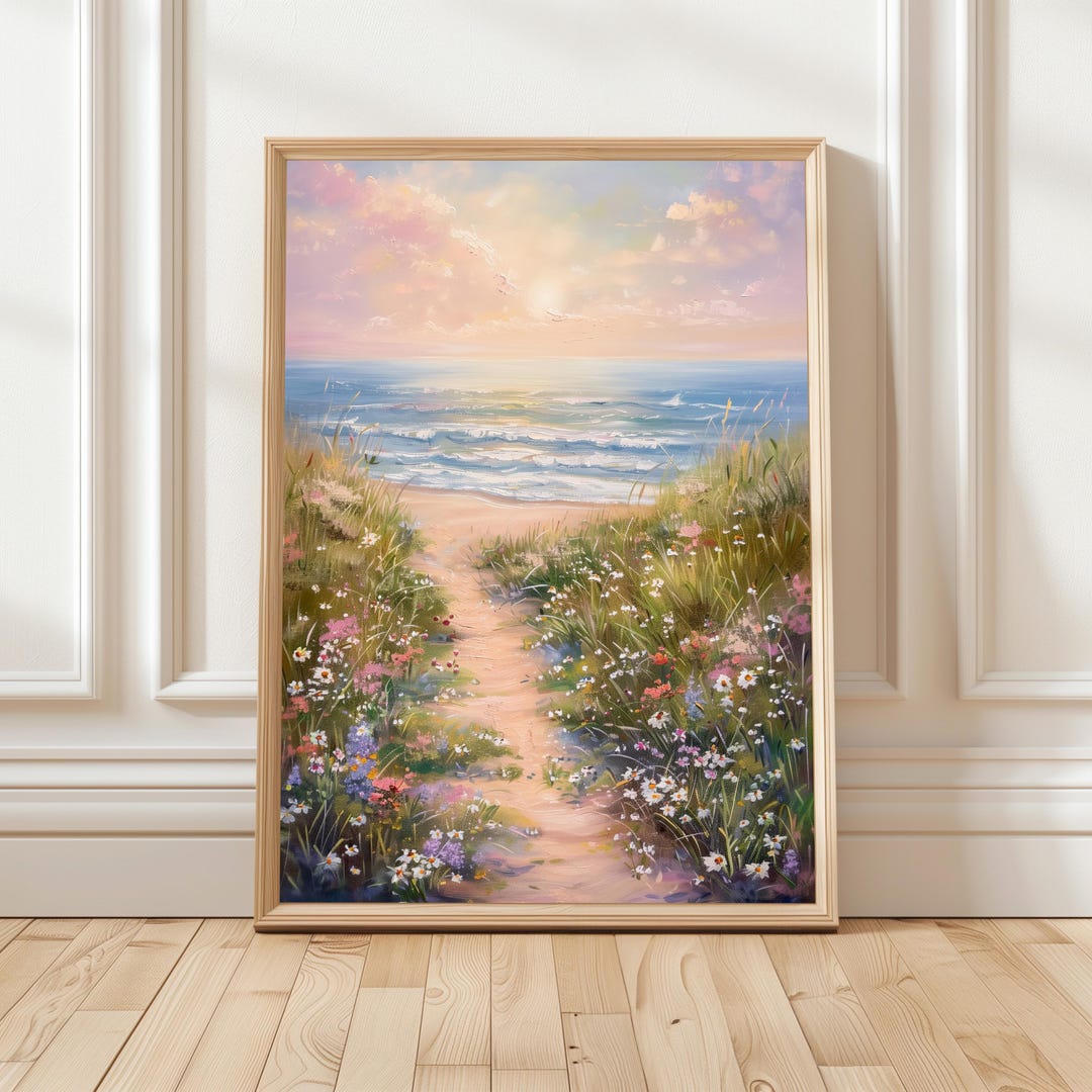 Wildflower Coastal Path Painting Pastel Beach Landscape Wall Art Decor ...
