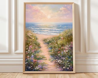 野花が咲く海岸の小道の絵画、パステル調のビーチ風景の壁掛けアート装飾、穏やかな海辺のプリント、コテージコア風の航海風ホームアクセント