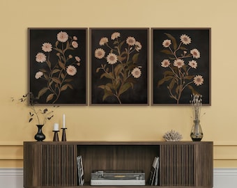 Juego de 3 impresiones de flores oscuras vintage, impresión botánica oscura, arte de pared imprimible con motivos florales melancólicos, impresión artística con motivos florales oscuros, impresión rústica de flores silvestres