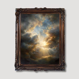 May include: A framed artwork depicting a dramatic sky scene. The painting features dark, billowing clouds with a burst of golden sunlight breaking through. The ornate, dark brown frame adds a classic touch to the artwork.