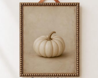 Minimalist White Pumpkin Wall Art, Neutral Fall Decor, Vintage Cottagecore Harvest Printable, Farmhouse Botanical Artwork