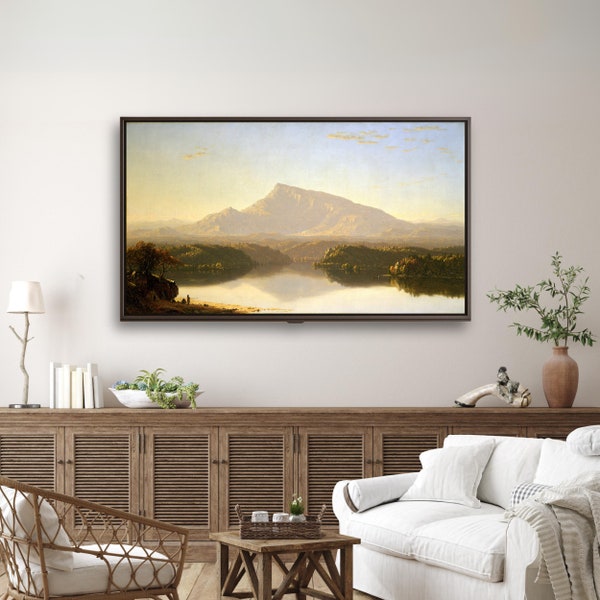 Rustic Mountain Landscape Frame TV Art, Antique Mountain Oil Painting Tv art, Vintage Lake Painting for Tv Screensaver, Vintage Tv Art