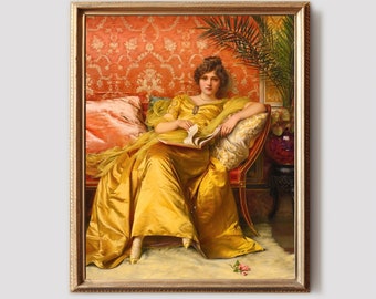 Vintage Woman Reading Portrait Painting, Digital Download Woman In Gold Dress Art, Moody Reading Portrait Wall Art, Luxury Interior Print