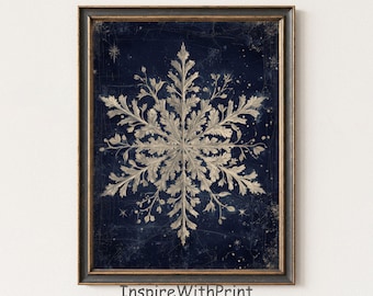 Rustic Snowflake Art Print, Vintage Botanical Snowflake, Cozy Winter Holiday Printable Decor, Navy Blue Christmas Wall Art, Instant Download