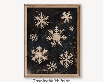 Snowflake Print, Winter Wall Decor Snowflake Art, Dark Christmas Printable Wall Art, Rustic Winter Snow Painting, Festive Holiday Wall Art