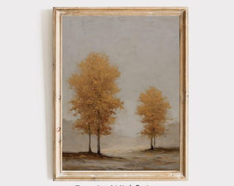 Impresión de paisaje de árboles otoñales melancólicos, pintura de estilo vintage otoñal, impresión de otoño de estilo rústico, arte cottagecore otoñal, impresión de paisaje campestre otoñal